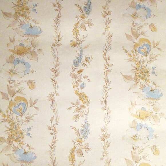 Vintage 1980s Blue and Beige Floral Stripe Wallpaper - Picture 1 of 9